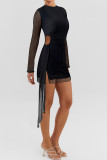 Sexy Solid Color Hollow Out Mesh O Neck Wrapped Skirt Dresses