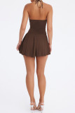 Sexy Solid Color Lace Up Backless Irregular Halter Irregular Dresses