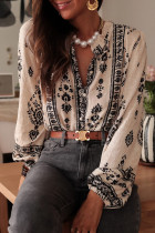 Celebrities Geometric Print Buttons Lotus Leaf Collar Tops
