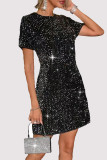 Casual Solid Color Sequins Sequined O Neck Short Sleeve Short Sleeve Dress