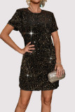 Casual Solid Color Sequins Sequined O Neck Short Sleeve Short Sleeve Dress