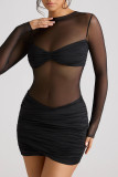 Sexy Solid Color Mesh O Neck Wrapped Skirt Dresses