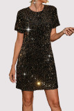 Casual Solid Color Sequins Sequined O Neck Short Sleeve Short Sleeve Dress