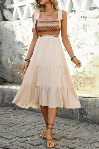 Casual Colorblock Lace Up Weave Flounce Square Neck A Line Dresses