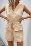Street Solid Color Draw String Pocket V Neck Loose Rompers