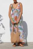 Vacation Geometric Print Flowers Contrast V Neck Long Dresses