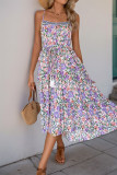 Vacation Floral Print Flounce Contrast Fringed Drawstring U Neck Sling Dresses