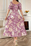 Elegant Floral Print With Belt U Neck A Line Dresses