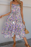 Vacation Floral Print Flounce Contrast Fringed Drawstring U Neck Sling Dresses