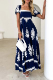 Casual Geometric Print Pocket Contrast Square Neck A Line Short Sleeve Dress