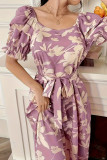 Elegant Floral Print With Belt U Neck A Line Dresses
