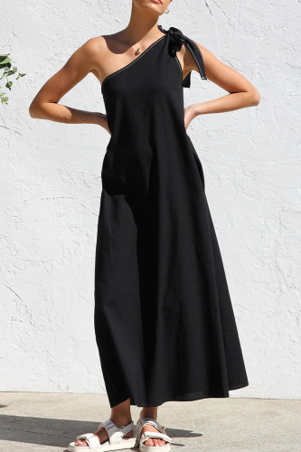 Casual Solid Color Lace Up Irregular Sloping Shoulder Long Dresses