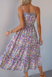 Vacation Floral Print Flounce Contrast Fringed Drawstring U Neck Sling Dresses