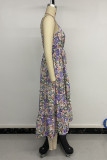 Vacation Floral Print Flounce Contrast Fringed Drawstring U Neck Sling Dresses