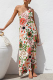 Casual Leaf Print fruit Lace Up Irregular Sloping Shoulder Printed Dresses