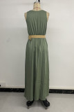 Casual Solid Color Slit With Belt O Neck Vest Dresses