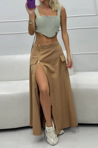 Sexy Solid Color Strap Design Zipper Square Neck Sleeveless Two Pieces