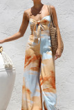 Sexy Tie Dye Print Pocket Lace Up V Neck Loose Jumpsuits