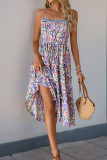 Vacation Floral Print Flounce Contrast Fringed Drawstring U Neck Sling Dresses