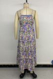 Vacation Floral Print Flounce Contrast Fringed Drawstring U Neck Sling Dresses