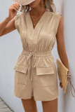 Street Solid Color Draw String Pocket V Neck Loose Rompers