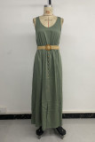 Casual Solid Color Slit With Belt O Neck Vest Dresses