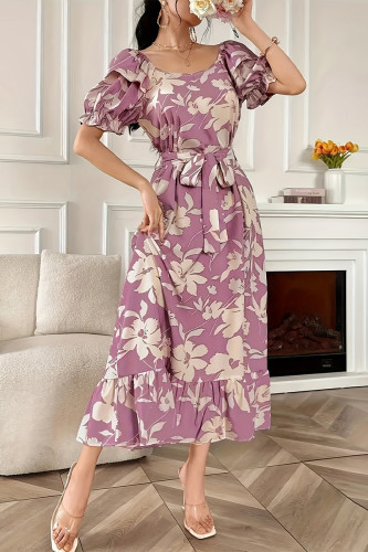 Elegant Floral Print With Belt U Neck A Line Dresses