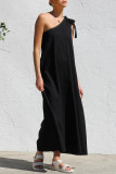 Casual Solid Color Lace Up Irregular Sloping Shoulder Long Dresses