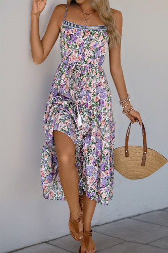 Vacation Floral Print Flounce Contrast Fringed Drawstring U Neck Sling Dresses