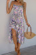 Vacation Floral Print Flounce Contrast Fringed Drawstring U Neck Sling Dresses