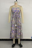 Vacation Floral Print Flounce Contrast Fringed Drawstring U Neck Sling Dresses
