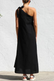 Casual Solid Color Lace Up Irregular Sloping Shoulder Long Dresses
