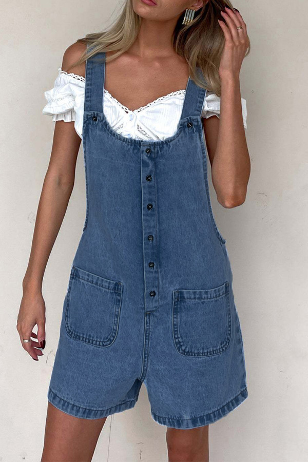 Casual Solid Color Pocket Buttons U Neck Loose Rompers