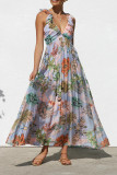 Vacation Geometric Print Flowers Contrast V Neck Long Dresses