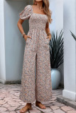 Vacation Flowers Print Pocket Square Neck Loose Jumpsuits