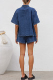 Casual Solid Color Distressed Draw String Pocket Turndown Collar Short Sleeve Two Pieces