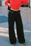 Casual Solid Color Pocket Adjustable Loose Low Waist Straight Solid Color Bottoms