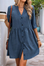 Casual Solid Color Distressed Buttons V Neck A Line Dresses