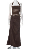 Sexy Solid Color Ruched Irregular Mesh Halter Long Dresses