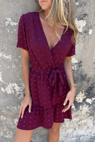Casual Solid Color Lace Up Fur Ball Flounce V Neck A Line Short Sleeve Dress