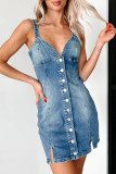 Sexy Solid Color Buckle V Neck Sleeveless Regular Denim Dresses