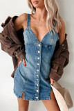 Sexy Solid Color Buckle V Neck Sleeveless Regular Denim Dresses