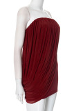 Sexy Solid Color Ruched Mesh Strapless Wrapped Skirt Dresses