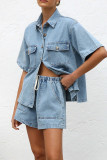Casual Solid Color Distressed Draw String Pocket Turndown Collar Short Sleeve Two Pieces