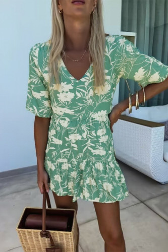 Vacation Floral Print Flounce Contrast V Neck A Line Dresses
