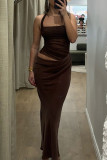 Sexy Solid Color Ruched Irregular Mesh Halter Long Dresses