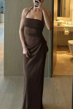 Sexy Solid Color Ruched Irregular Mesh Halter Long Dresses