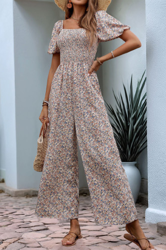 Vacation Flowers Print Pocket Square Neck Loose Jumpsuits