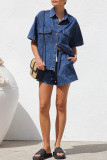 Casual Solid Color Distressed Draw String Pocket Turndown Collar Short Sleeve Two Pieces