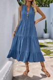 Casual Solid Color Distressed Buttons V Neck Sleeveless Dresses